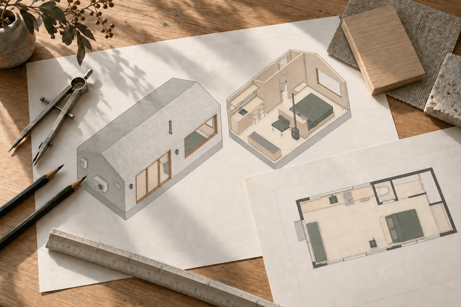 Zinc Studio cabin plans, a three-dimensional cabin drawing and material samples on a design desk