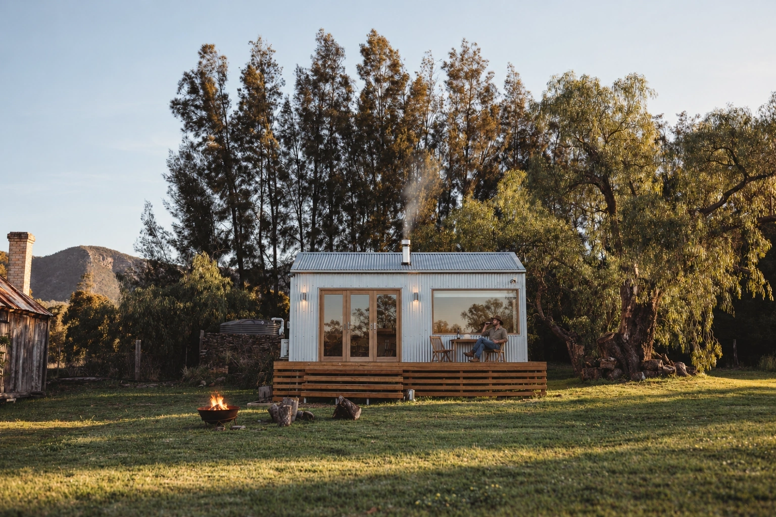 Zinc Studio cabin with a timber deck and fire pit nestled among trees