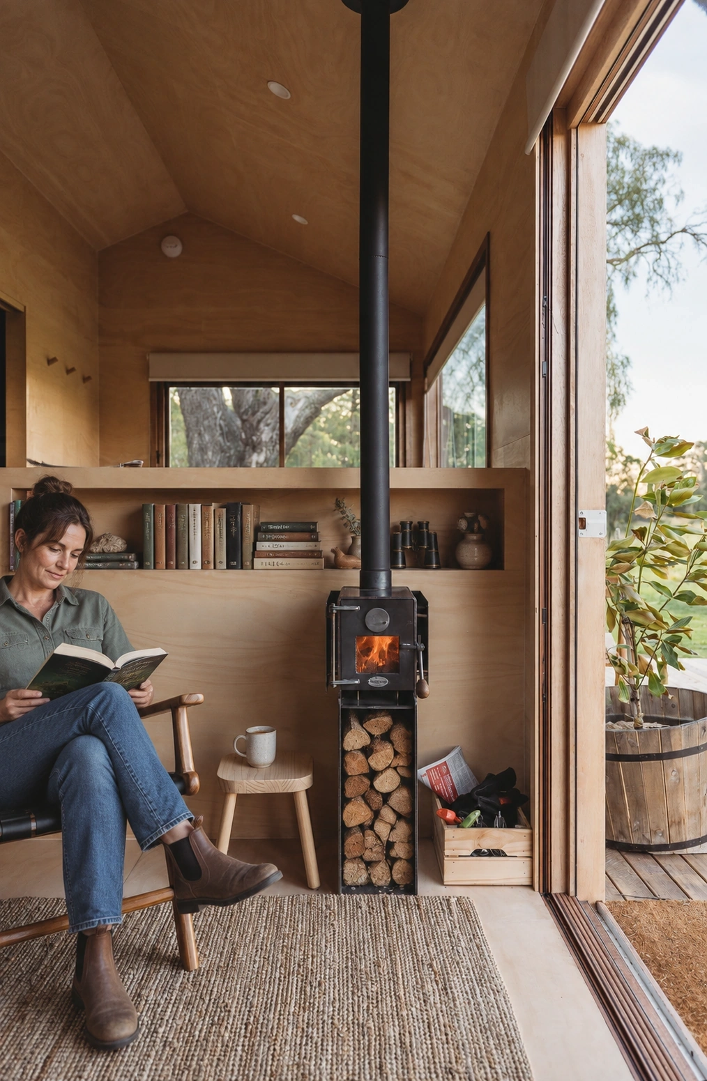 A woman reading beside a lit wood stove in a warm timber Zinc Studio cabin