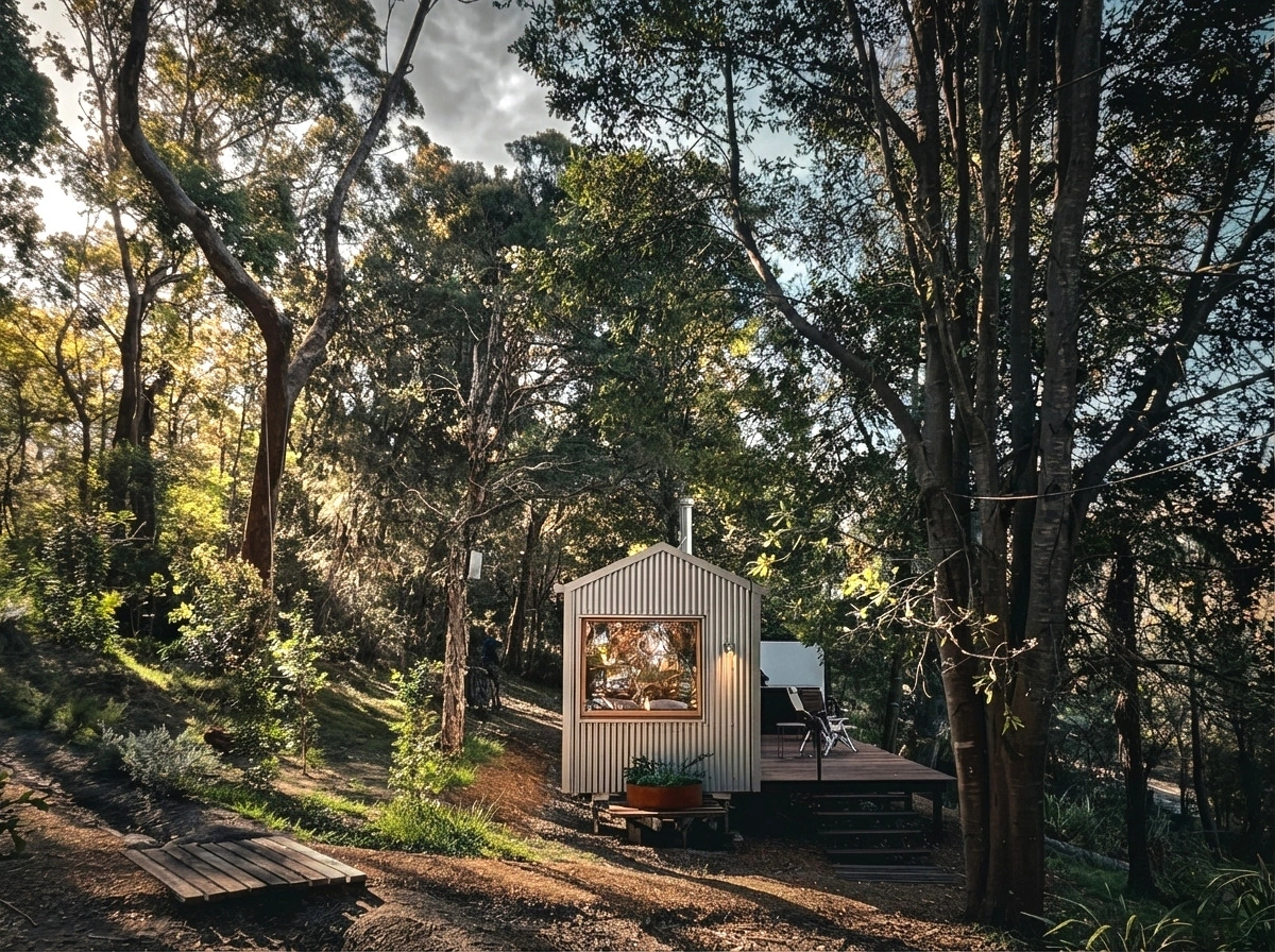 Cabin nestled beside a path in dense woodland — Zinc Studio Woodford